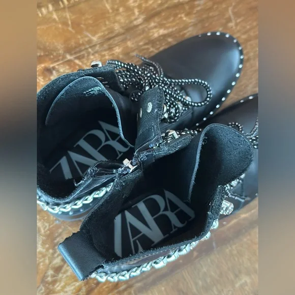 Zara Black Leather Combat Lace-Up Boots 7.5 - Picture 10 of 17